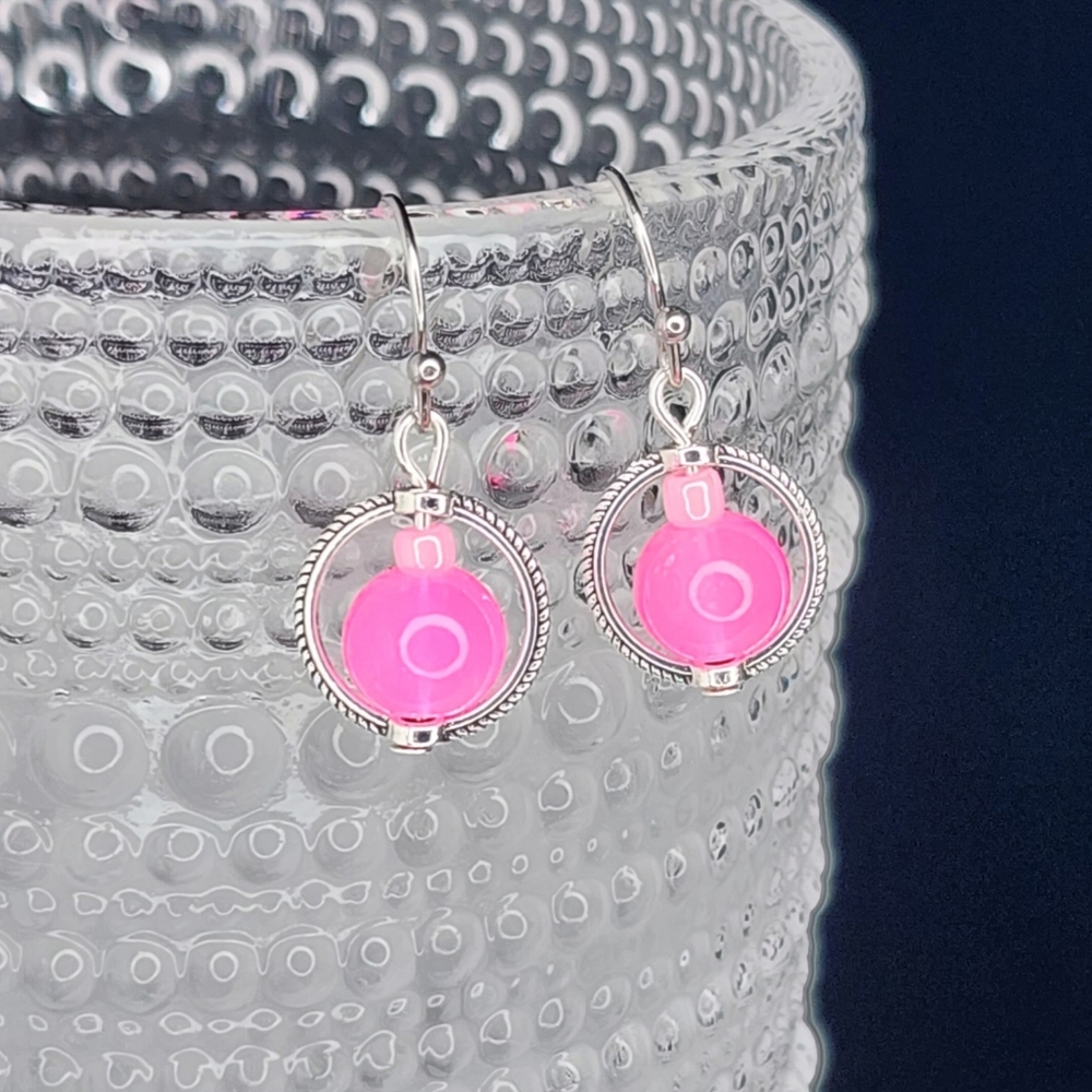 Dainty Barbie Hot Pink Glass Beaded Earrings Silver